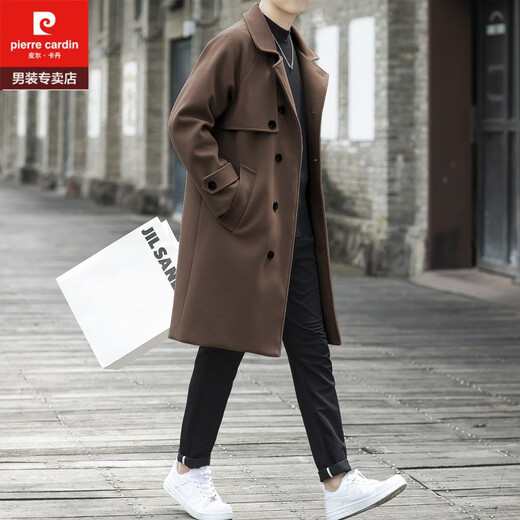 Pierre Cardin Autumn and Winter Korean Maillard Woolen Coat Men's Mid-Length Windbreaker Youth Thick Woolen Coat Brown XL