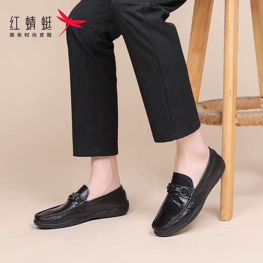 红蜻蜓牛皮豆豆鞋男鞋套脚皮鞋男士商务休闲鞋男乐福鞋WLA150591黑色40
