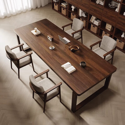 Iron Emperor walnut living room solid wood desk modern double computer table dining table work table long table study table office tea table rubber wood bachelor's chair (fabric seat)