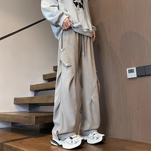 RFKU corduroy pants men's spring and autumn loose casual paratrooper pants trendy brand workwear plus velvet wide-leg sports pants for men gray green XL (recommended 135-150 Jin Jin equals 0.5 kg)