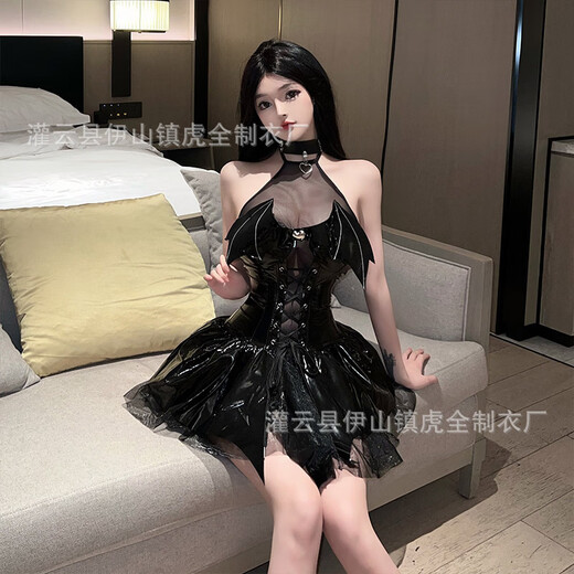 鲜橙亮面PU挂脖绑带蝙蝠小恶魔透视短裙套装PU挂脖绑带9889 黑 M