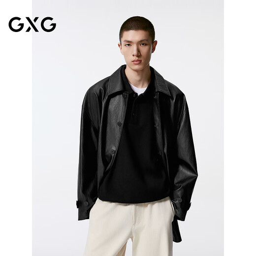 GXG男装 黑色pu皮口袋设计风衣外套男士秋季新品G24X083001 黑色 M