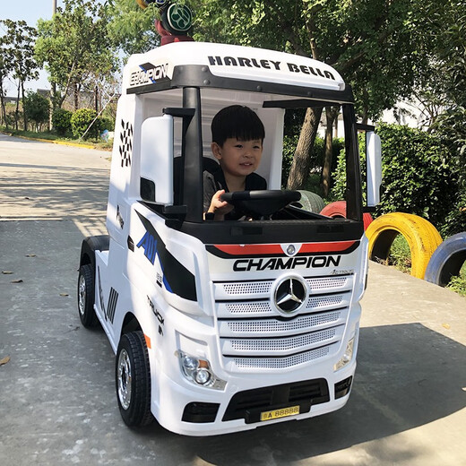哈雷贝拉奔驰货车卡车头儿童电动车充电四轮婴儿汽车宝宝遥控玩具车可坐人 高配白色车头四驱+皮座椅