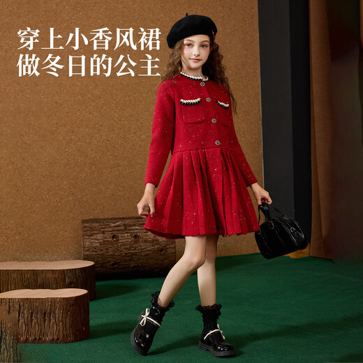 ASK JUNIOR Xiaoxiangfeng children's skirt winter girls' round neck New Year's knitted sweater skirt mid-length princess skirt big red 150