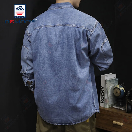 Aemape Casual Shirt Men's Spring American Shirt Men's 2025 New Jacket Men's Spring and Automne Top Top Long à manches de Denim Blue 723 Modèle M Convient pour 110-125Jin [Jin est égal à 0,5 kg]