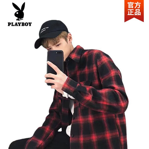 Playboy (Playboy) Schwarz-Weiß-Plaid-Shirt Männer koreanischer Stil Trend Frühling und Herbsthemd Lose Trendy Brand Casual Longleved Top Jacket Männer Sommer 6908 Red High Quality XL