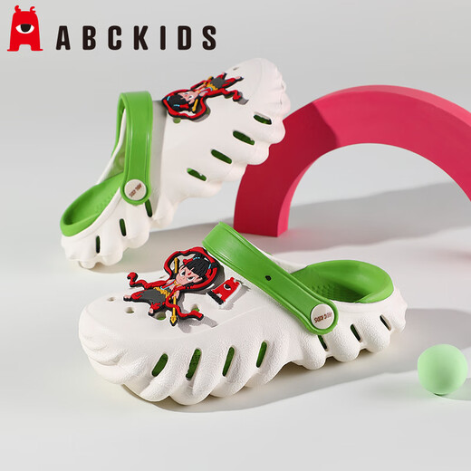ABC Kinder Kinder Hole Schuhe Junge Cartoon Nezha Sandalen Mädchen Baby Outdoor Sandalen Männer 8623 Weiß und Grün 34-35