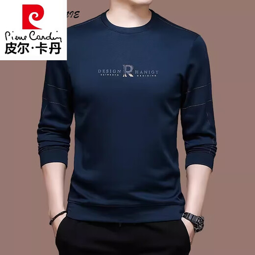 皮尔卡丹（pierre cardin）轻奢高档正品品牌男装长袖t恤男圆领纯棉T恤卫衣百搭休闲上衣 1105-深蓝 L 170【适合120-135斤】