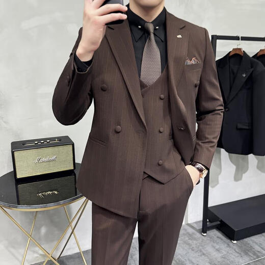 Jessons Herren-Doppelbrust gestreifter Anzug Bräutigam Hochzeitskleider Business Casual Work Work-Interview Anzug Dreiköpfig dunkelblau (Anzug + Hemd + Weste + Hose) 5xl (175-190jin [Jin gleich 0,5 kg])