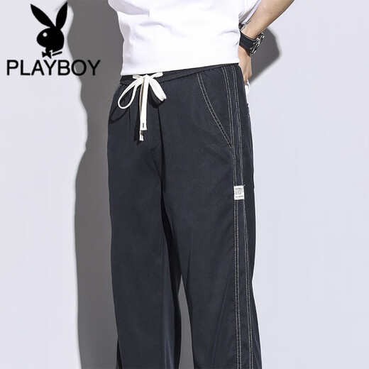 花花公子（PLAYBOY）春秋季天丝质裤子男直筒宽松拖地潮牌阔腿裤秋天薄款休闲长裤男生 1048浅蓝色【1条装】 4XL 码