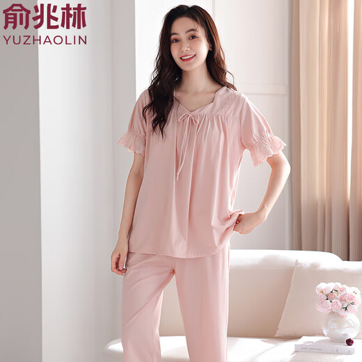 Yu Zhaolin Pajamas для женщин 2025 Новый летний стиль с грудной накладкой интегрированные чистые хлопковые укороченные брюки летняя тонкая домашняя одежда 695 Мягкая порошка M 160 Рекомендуемый вес 85-105 JIN [JIN равно 0,5 кг]