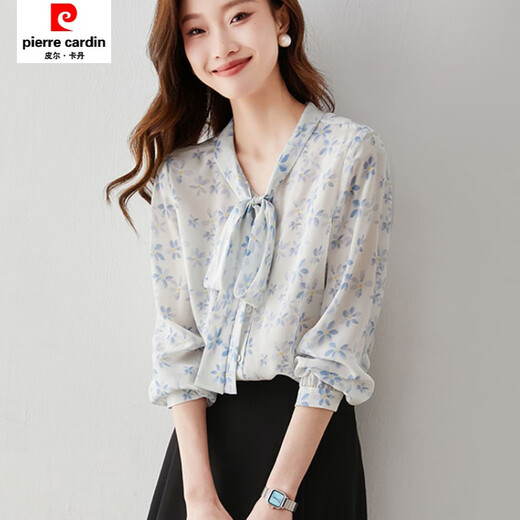 Piercadan Super Fairy Französisches Hemd für Frauen Langarm Spring Neues Streamer Retro -Shirt kleiner frisch lose Chiffon Blumenblau 9249 m