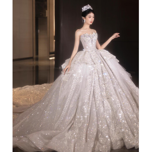 季节里重工婚纱大拖尾法式复古抹胸新娘2024新款在逃公主风主纱 白色拖尾婚纱 M