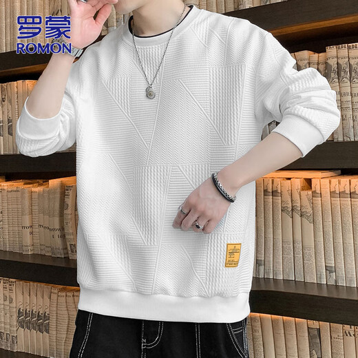 ROMON sweatshirt men's autumn and winter casual long-sleeved T-shirt men's loose tops men's bottoming shirt white XL