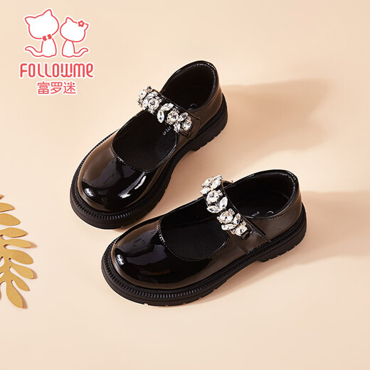 Fuluo Mi Girls' Leather Shoes Spring and Autumn Fashionable Rhinestone Princess Shoes Children's Performance Shoes Black 34