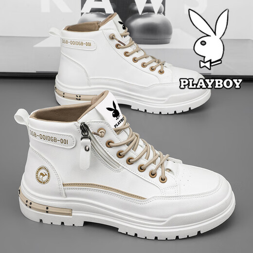 Playboy (PLAYBOY) men's shoes high top spring and summer new 2025 casual retro thick sole height-enhancing breathable trendy leather shoes men's Martin boots white brown 844 42