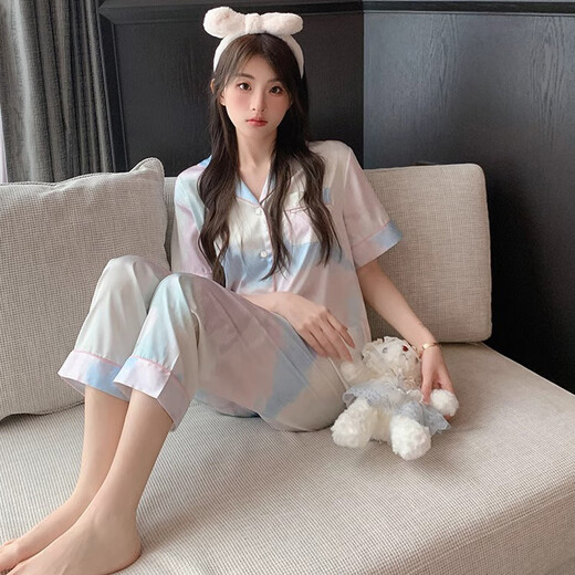 港莲娅冰丝睡衣女夏季薄款感短袖长裤三件套休闲宽松网红家居服外穿 l9214短袖短裤 M  建议80-100斤