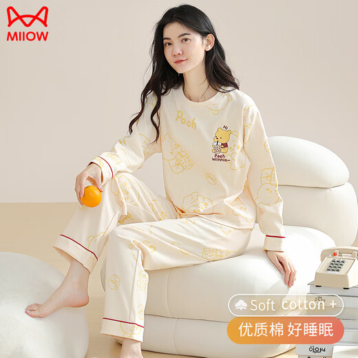 猫人（MiiOW）睡衣女款春秋款女2025新款纯棉布料全棉长袖春秋季柔美家居服 主图款MM:9901杏色喝奶茶小熊 套 M