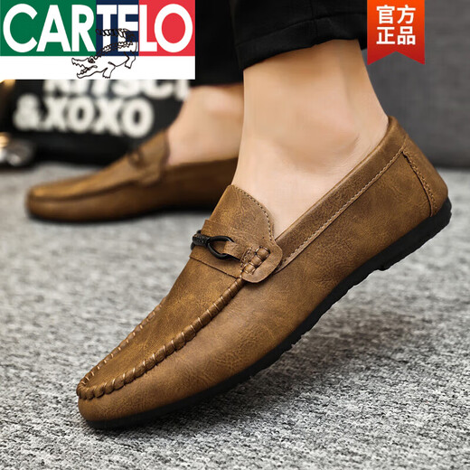 卡帝乐鳄鱼（CARTELO）男鞋英伦潮流皮鞋男士韩版一脚蹬新款豆豆鞋男潮鞋2025春秋季鞋子 D831棕色+增高垫 40 偏小