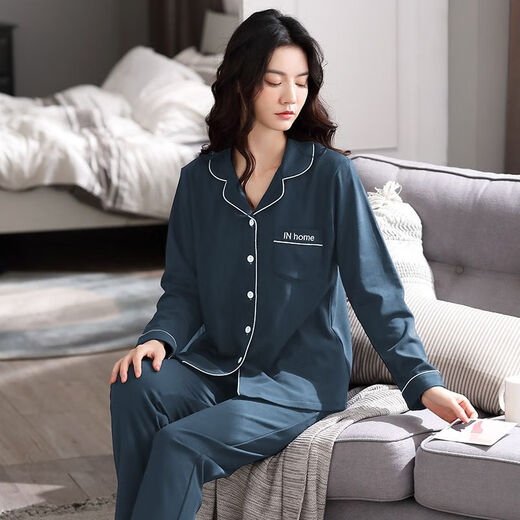 冰概念纯色控   纯棉睡衣女士长袖春秋季加大码外穿简约女生家居服套装 纯色9901 4XL