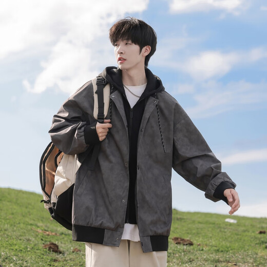 POUM fake two-piece hooded jacket men's autumn and winter trendy handsome casual jacket BL0660 black XL