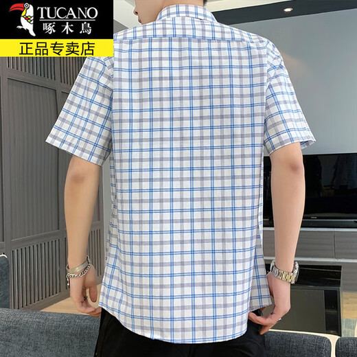 啄木鸟（TUCANO）短袖衬衫男士夏季宽松休闲格子衬衣外套男潮流百搭五分袖衣服男装 DC613白格蓝线 XL (40) 约120-145斤可穿