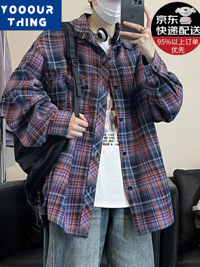 YOOOURTHING美式复古格子衬衫男长袖春秋冬加绒加厚宽松情侣百搭休闲衬衣外套 CJ9734-蓝格加绒 XL(建议125-145斤) 均码
