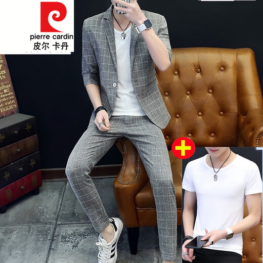 Pierre cardin summer thin 7-quarter sleeve suit men's suit plaid casual Korean style slim trendy handsome mid-sleeved small suit gray 9902 mid-sleeved + nine-quarter trousers = 1 set 3XL 185