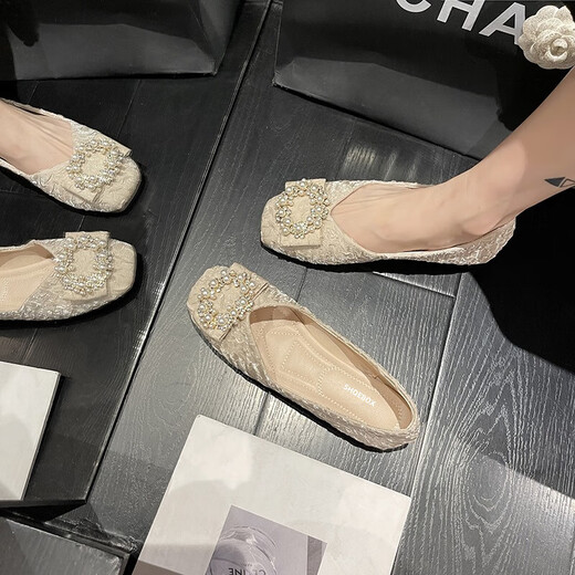 意尔康王子特价捡漏法式单鞋女平底鞋春季方头浅口仙女瓢鞋软底豆豆鞋 【厂家24H速发】米色 36