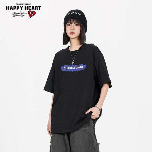 T-shirts Charles Peach Heart pour hommes et femmes, petit monstre imprimé en coton pur couple de bases de base à manches courtes, noir L