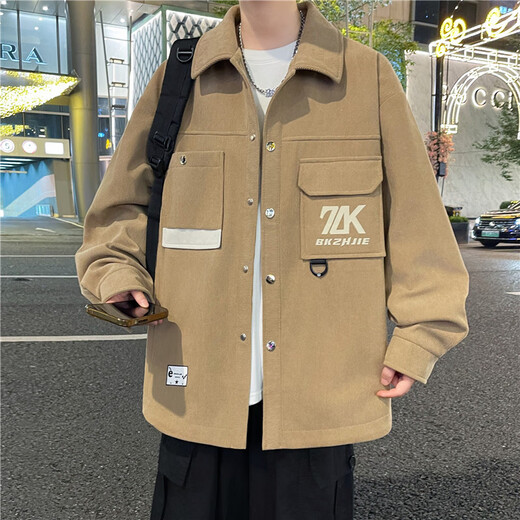 皮尔卡丹（pierre cardin）美式潮牌外套男款撞色春秋季新款宽松翻领休闲工装长袖衬衫式夹克 15882S咖色 M (约85~105斤可穿)