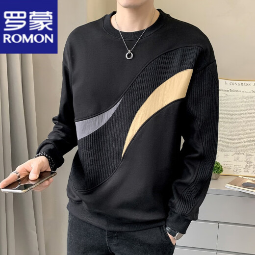 罗蒙（ROMON）长袖t恤男春秋冬季新款卫衣加绒保暖休闲宽松百搭套头圆领打底衫 7371白色 L 【111-125斤】
