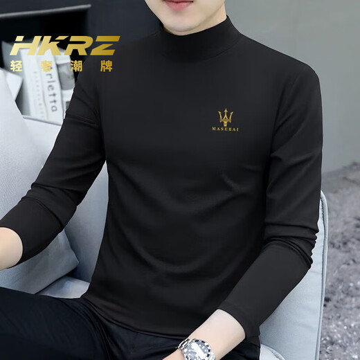 HKRZ high-end brand men's half turtleneck long-sleeved T-shirt men's spring, autumn and winter new slim casual bottoming shirt trendy top black/M240/no velvet 2XL (180) Recommended weight 145-160Jin Jin is equal to 0.5 kg