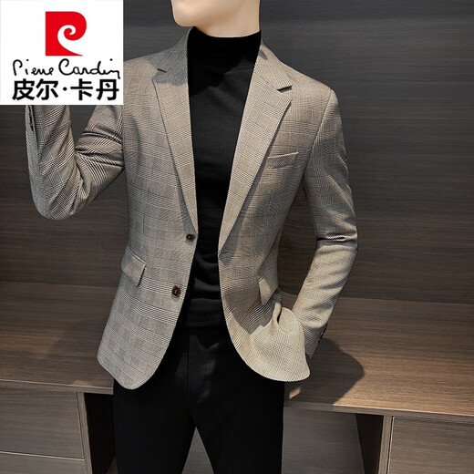Pierre Cardin (Pierre Cardin) casual small suit jacket for men spring 2025 new top handsome high-end houndstooth suit for men Khaki color recommended 115Jin Jin is equal to 0.5 kg or less M