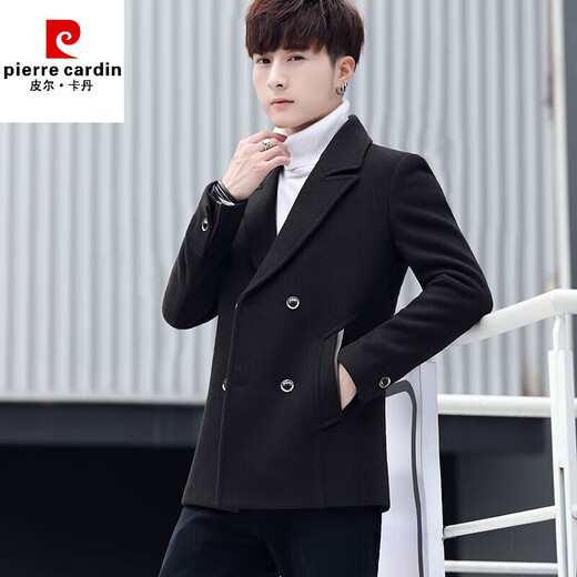 皮尔卡丹（pierre cardin）男装风衣短款秋冬季加厚修身潮流羊毛呢外套男英伦风羊毛大衣 深蓝色 M 建议95-115斤