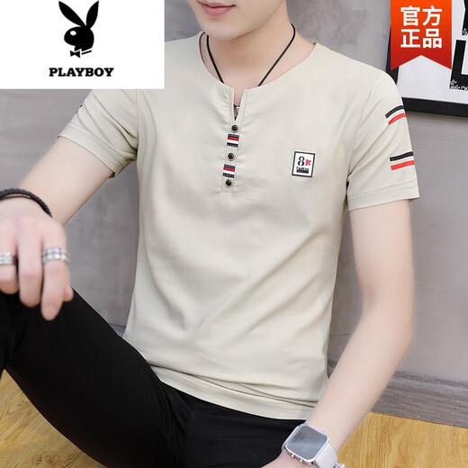 Playboy (PLAYBOY) Men's Chinese style linen short-sleeved T-shirt Korean version retro youth half-sleeved base clothes trendy men's cotton linen T-shirt 9810 black XL