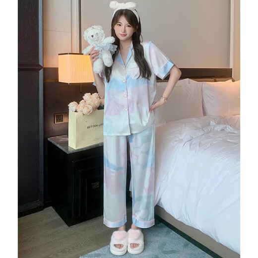 港莲娅冰丝睡衣女夏季薄款感短袖长裤三件套休闲宽松网红家居服外穿 l9214短袖短裤 M  建议80-100斤