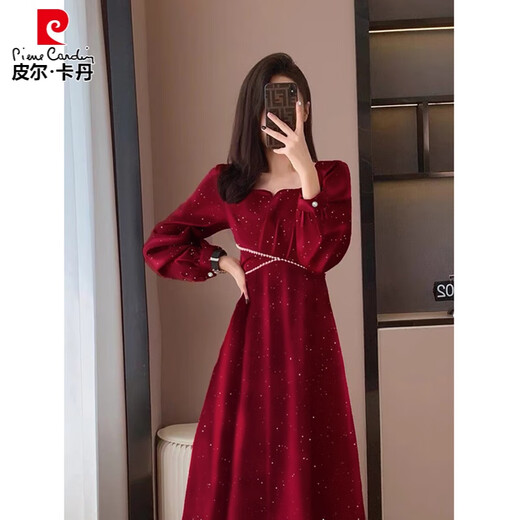 Pierre Cardin French retro gentle style dress spring and autumn new large size slimming temperament engagement dress long skirt shiny black L recommended 110-125 Jin Jin equals 0.5 kg