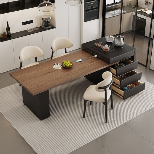 Suzhan solid wood island dining table and chair combination home modern simple light luxury style all-in-one slate retractable table dining table solid wood island dining table three-socket socket + electric tea stove + built-in tea tray 180x72x74cm