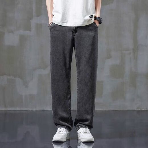 
Danyuting high-end Tennis Jeans for men loose straight summer thin wide-leg large-size ice silk casual long trousers 1048 black-elastic waist S recommended 80-100Jin [Jin equals 0.5 kg]