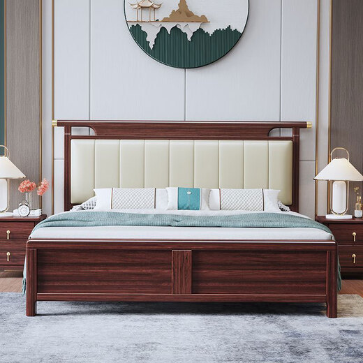 Cama Yuyang Nueva cama de madera maciza de oro negro de estilo negro 1.8m 2m Muebles de dormitorio de cama doble Bed 9904# Cajón de cajón + 1 gabinete + taza de tapa llena de alfombrilla marrón 1.5*2.0m [Tablero de cama silenciosa]
