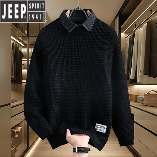 JEEP SPIRIT假两件毛衣男秋冬季2024新款套头线衣服加厚保暖衬衫领打底针织衫 M9905咖啡色 (约90~110斤可穿) M