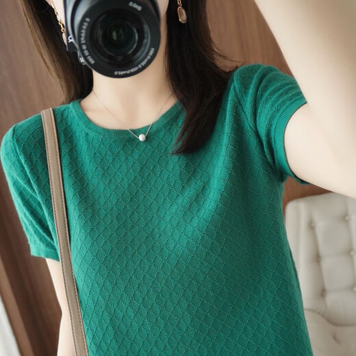 丹俏丽新疆棉的夏季新款针织圆领短袖女宽松大码百搭上衣打底衫潮 9898雾霾蓝色 L  100-120斤