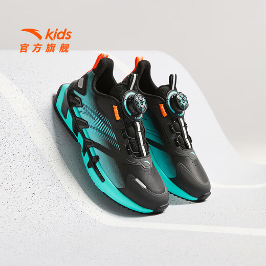 ANTA Children's Sports Shoes Men's Big Children's Shoes 2025 Spring New Leather Windproof Knob Button Cushioning Bow Speed ​​Running Shoes Black/Fluorescent Aqua-2 Size 33