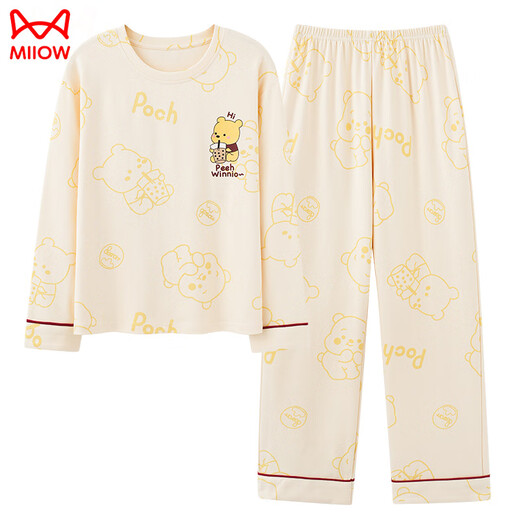 猫人（MiiOW）睡衣女款春秋款女2025新款纯棉布料全棉长袖春秋季柔美家居服 主图款MM:9901杏色喝奶茶小熊 套 M
