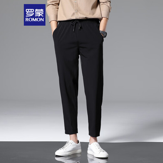 罗蒙（ROMON）休闲裤男士夏季宽松运动直筒裤冰丝感弹力九分裤子男装718黑色4XL