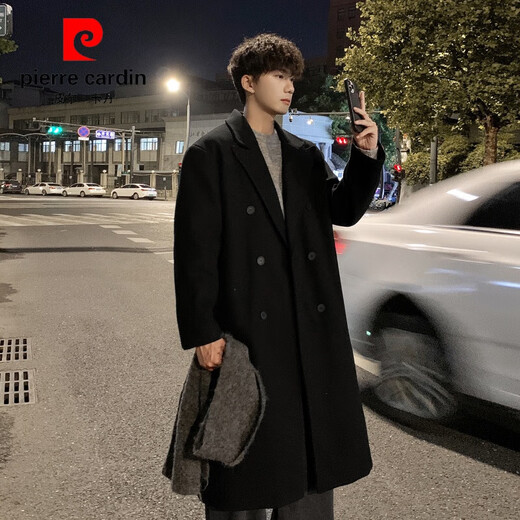 Pierre Cardin Korean style winter trendy thickened woolen coat men's British style 2024 casual extra long over-the-knee woolen windbreaker jacket black 3XL