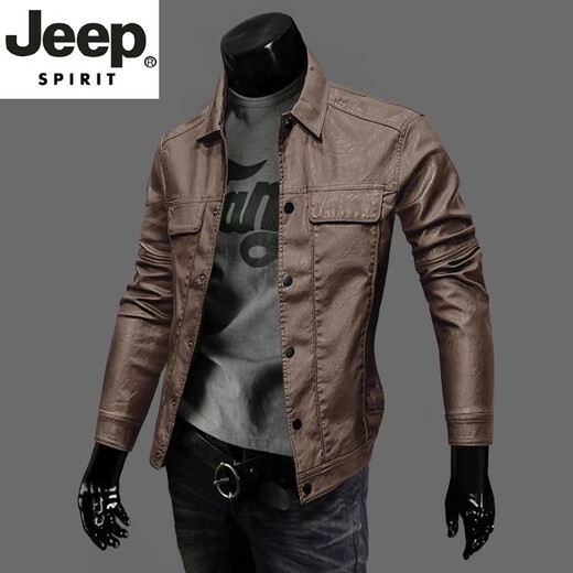JEEP SPIRIT2025春秋新款男士皮衣外套帅气修身短款翻领PU机车韩版轻便皮夹克 棕色外套 (建议125-145斤) XL