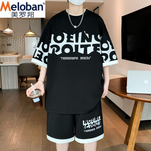 美罗邦 MELOBAN青少年夏季新款男士薄款宽松潮流帅气港风印花运动休闲百搭套装潮 9926米色 M 参考90-100斤左右