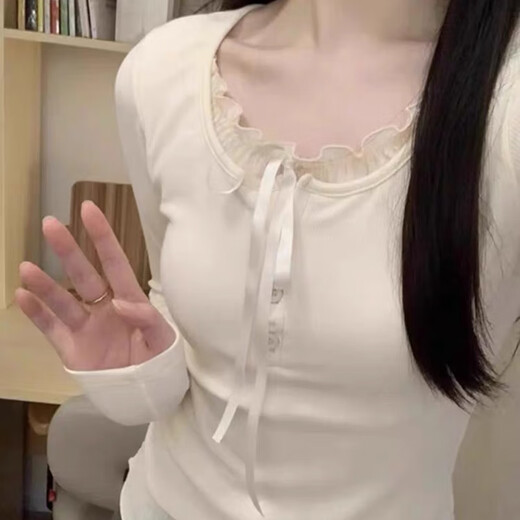 Miao Yijia bottoming shirt women's long-sleeved T-shirt women's style 2025 autumn new white women's clothing can be worn inside and outside tops fake two-piece lace apricot tops - with chest pads one size fits all recommended 75-125 Jin Jin equals 0.5 kg